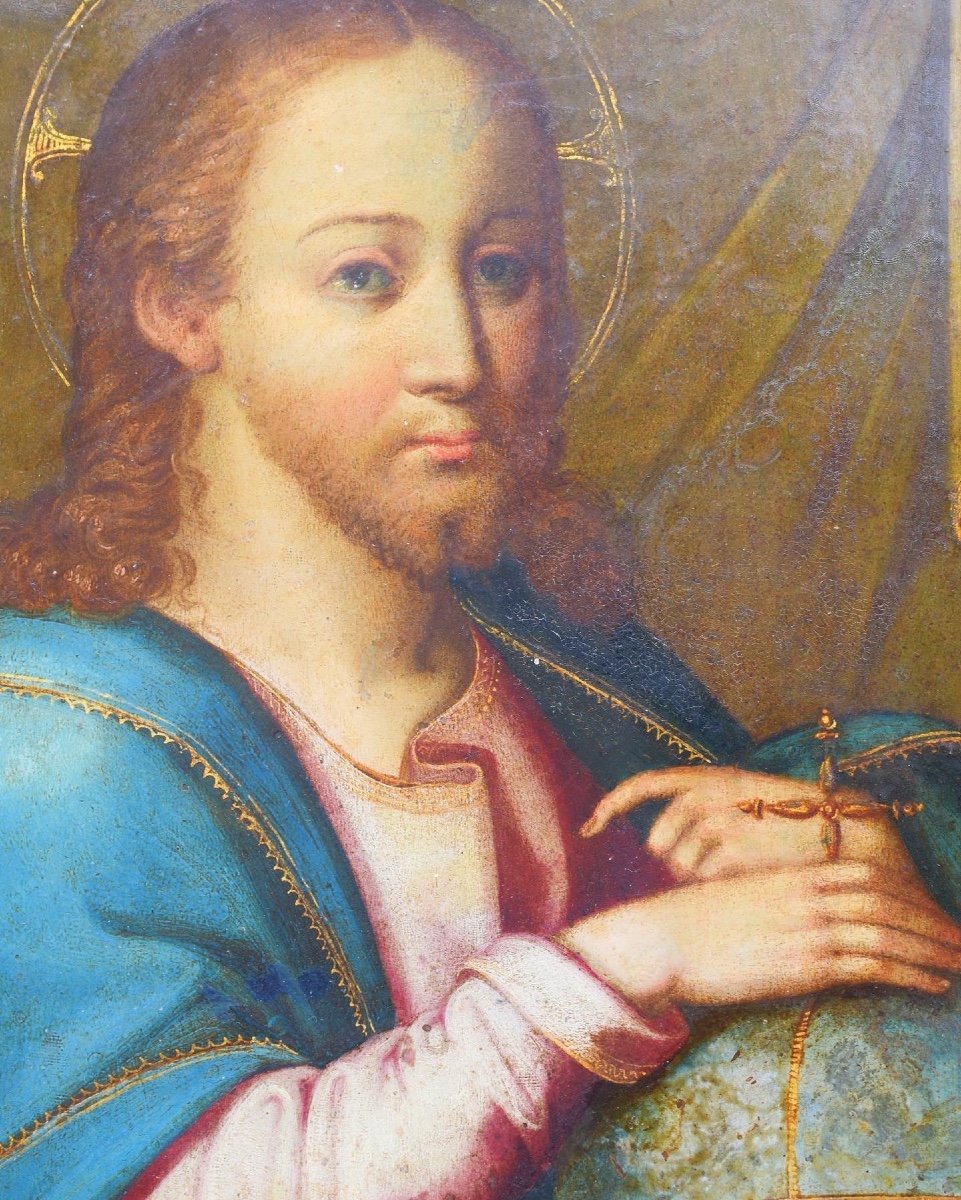 Proantic Oil On Copper Cabinet Painting Of Salvator Mundi Flemish M