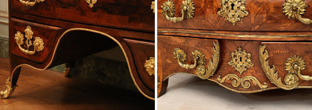 Comparison of two Etienne Doirat's drawer chests: the commode à pont emerging from a commode à moustache.