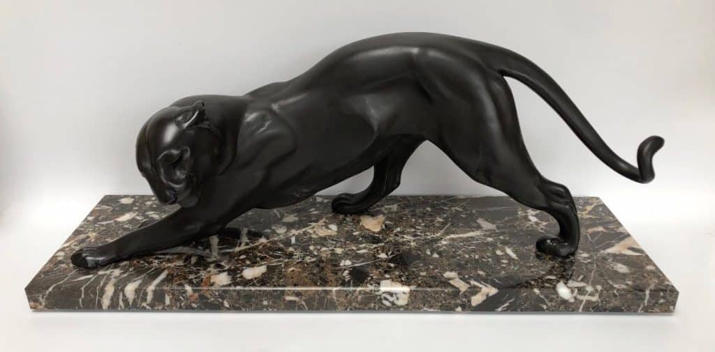 Art Deco spelter panther with black patina on Baixas breccia marble.