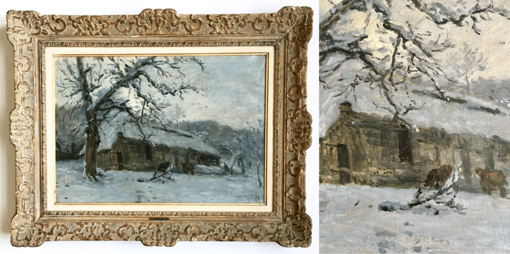 A good example of grey impressionism by Adolphe-Félix Cals with this 1878 farm of Butin under the snow in Honfleur. Presented by the sellers Dupire et Kotek.