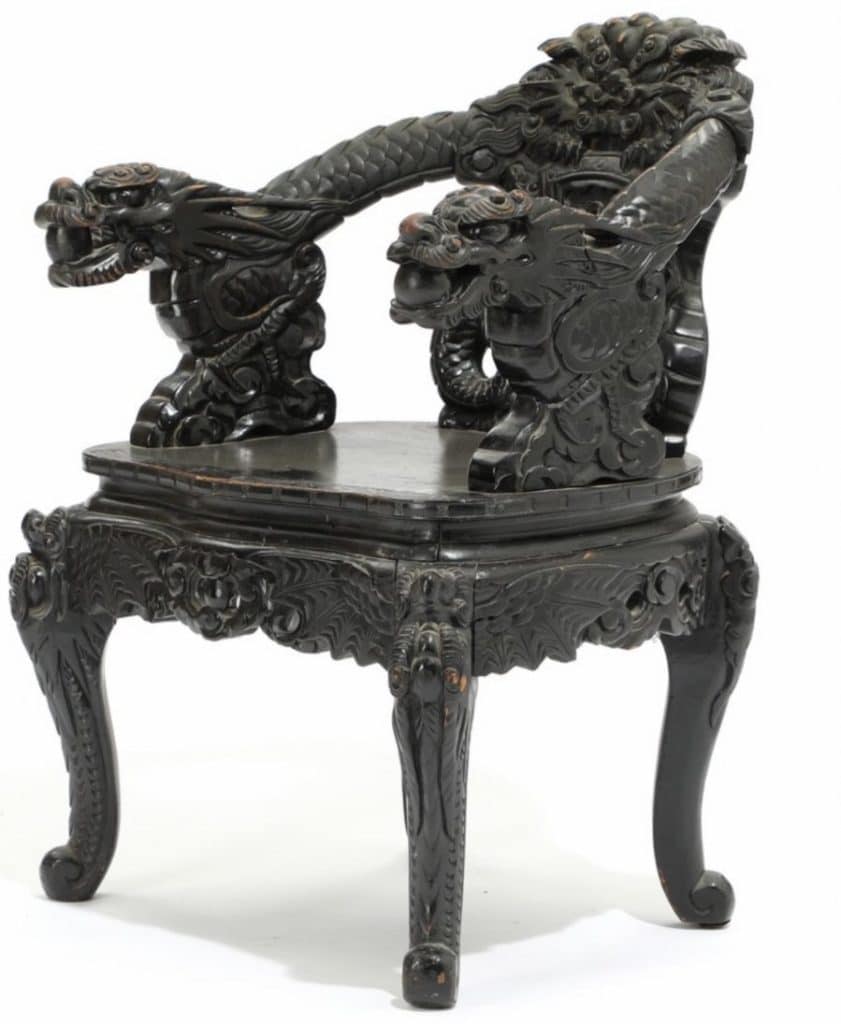 Chinese painted armchair c. 1900 boasting dragons with pearls in their mouths as well as a facing dragon on the top rail. Presented by Galerie LMG antique dealer.