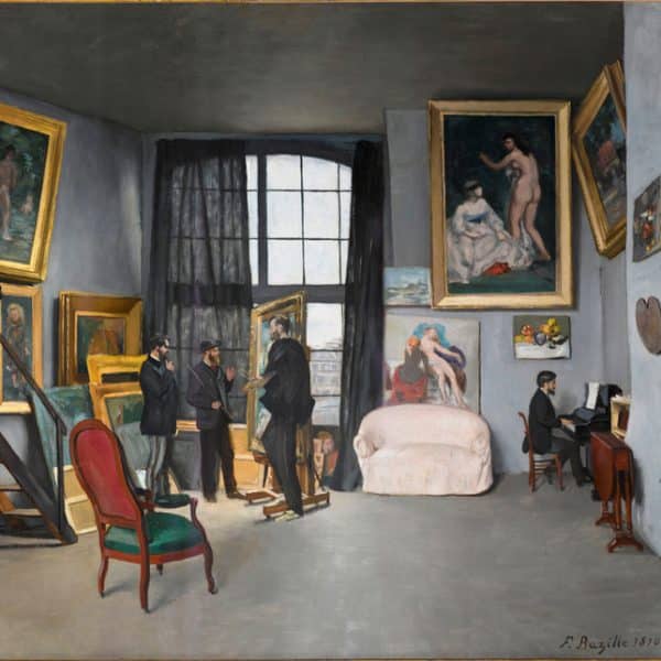 Painting by Frédéric Bazille: his workshop rue de la Condamine. With Manet and a group of friends. Maître at the piano and maybe Monet, Renoir or Astruc standing up. Painting visible at the Musée d'Orsay.