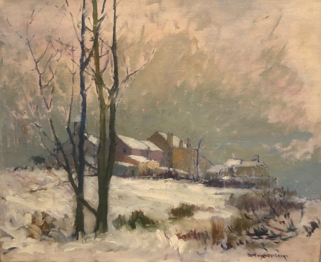 A large winter landscape with snow by Léon Broquet. Presented by Bailliet Antiquités dealer.