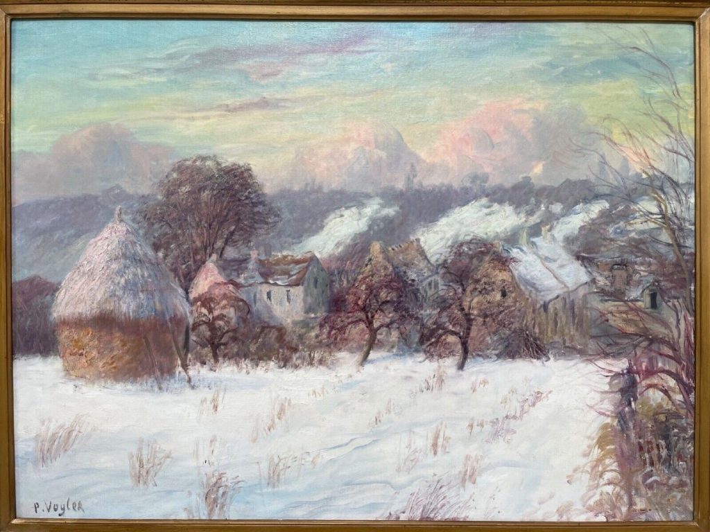 Snow landscape with haystacks and multicolored sky by Paul Vogler. Presented by Antiquites Saint Jean