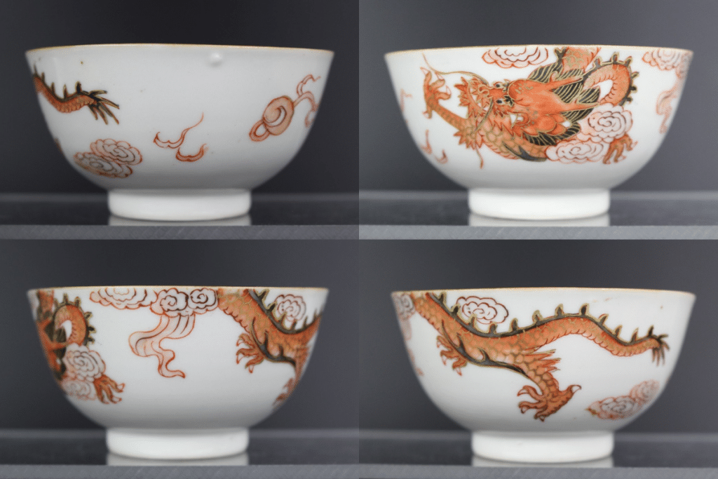 A determined dragon is going after a flaming pearl. Its sinuous body vanishes and appears amidst clouds. Presented by Menken Works of Art antiques dealer.