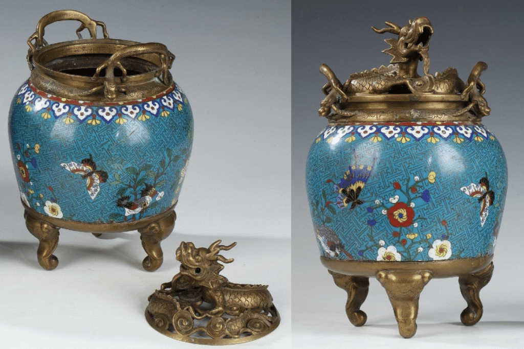 Two Chinese cloisonne incense burners from early 19th century with three dragons on each lid. Presented by Tobogan Antiques.