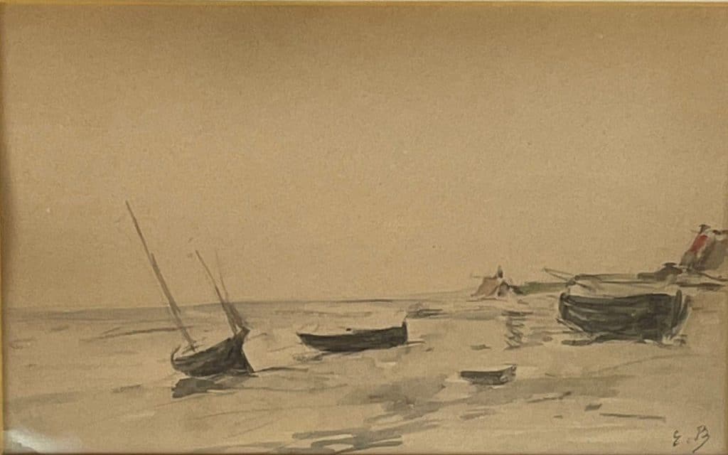 Boats on the beach: Watercolor by Eugene Boudin with E.B monogram. Coming with a certificate of authenticity. From the collection of Gilbert Dreyfus (1902-1989), WWII resistant, friend of Aragon, and doctor. Presented by Manuscripta antiques seller.