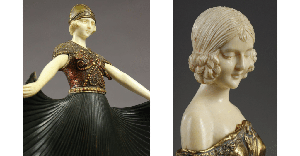 Two chryselephantine sculptures by Chiparus. Left: Comedian. Right: Innocence - Art Revival Galerie Tourbillon