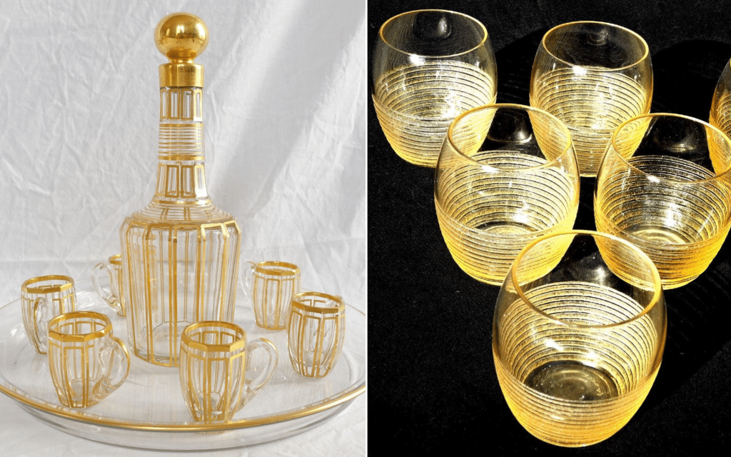 Two crystal liquor sets with stripes from the early 20th century. On the left, Cannelures by Baccarat. On the right, acid-etched Art Deco glasses by Daum.