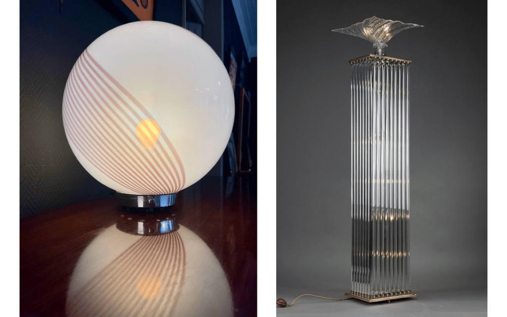 Paolo Venini lamp with spiral on the left. Architectural Murano floor lamp from the 1970s in an Art Deco style on the right.