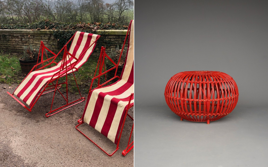 Metal deck chair early 20th century on the left. Rattan wicker ottoman by Franco Albini on the right.