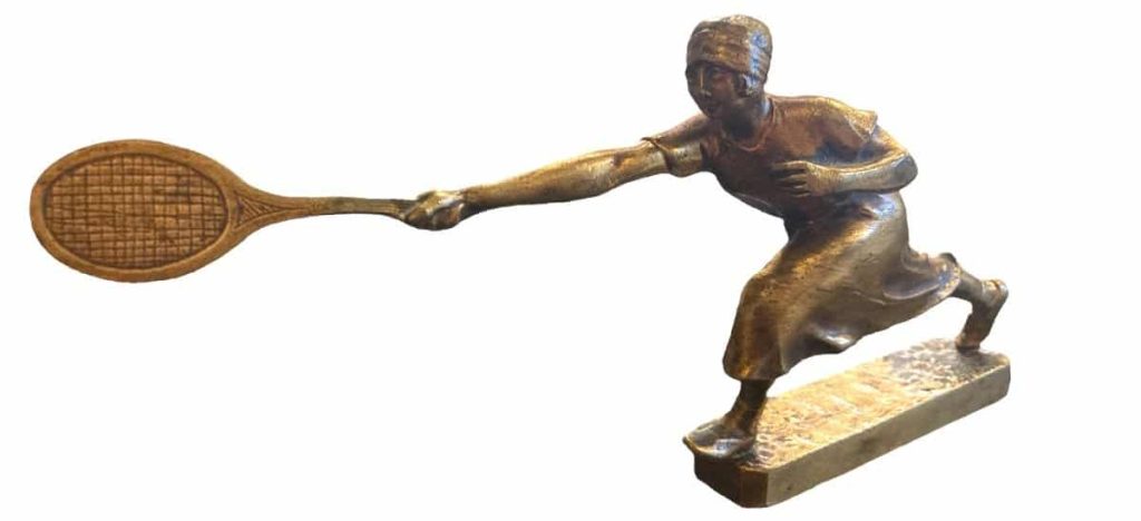 A gilt bronze statuette of Suzanne Lenglen, the famous tennis star in the 1920s. Used as an automotive radiator cap.