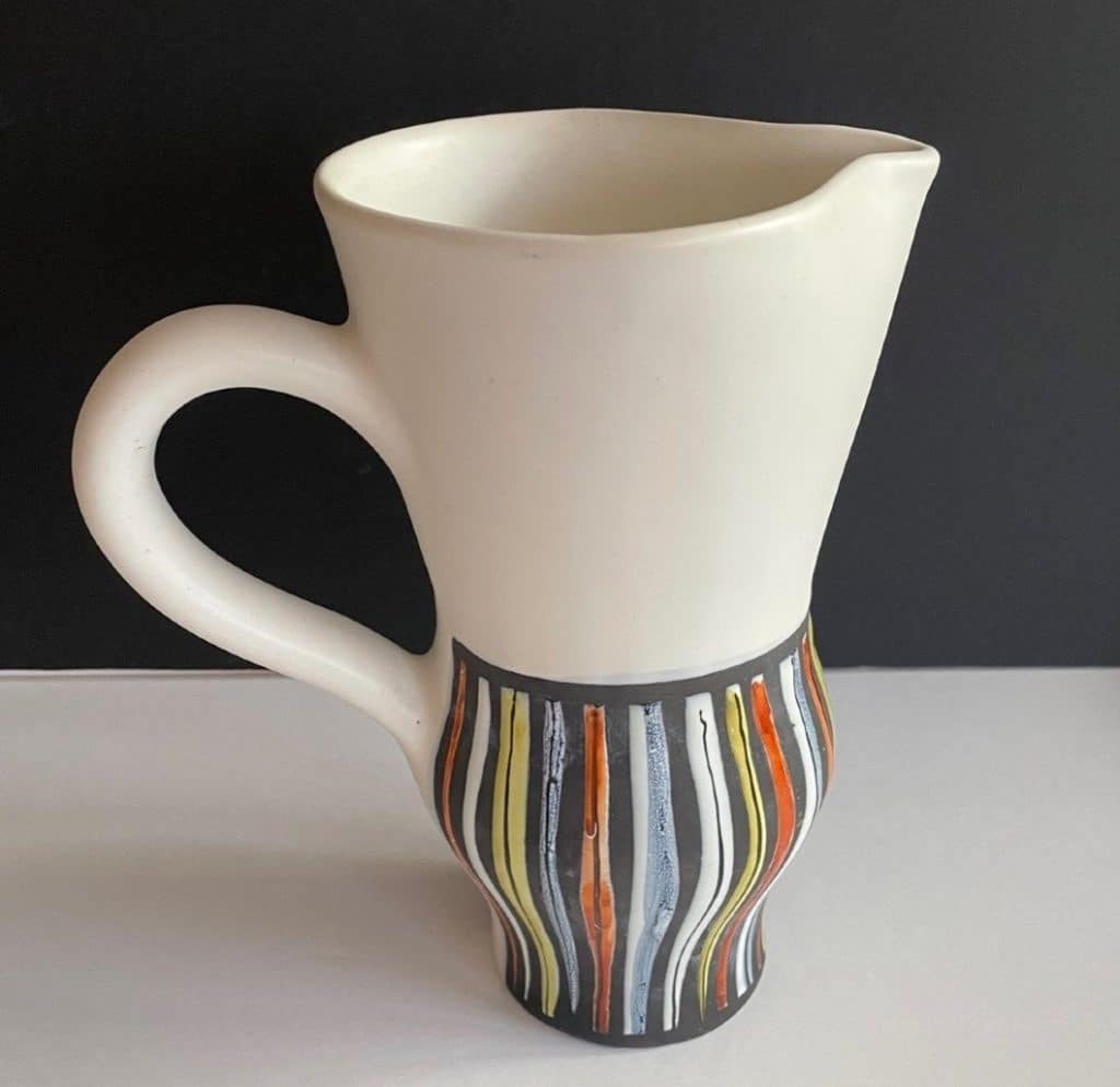 Water jug or vase with stripes by Roger Capron created in the 1950s or 1960s.
