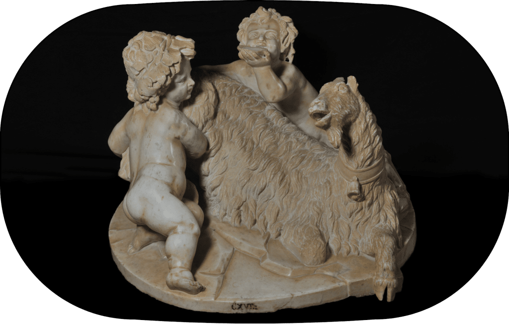 This marble sculpture would be an early work of Bernini (as it was in the collection by 1615). The goat Almathea, because related to the cornucopia, would symbolize the Golden Age brought in the wake of the Borghese.