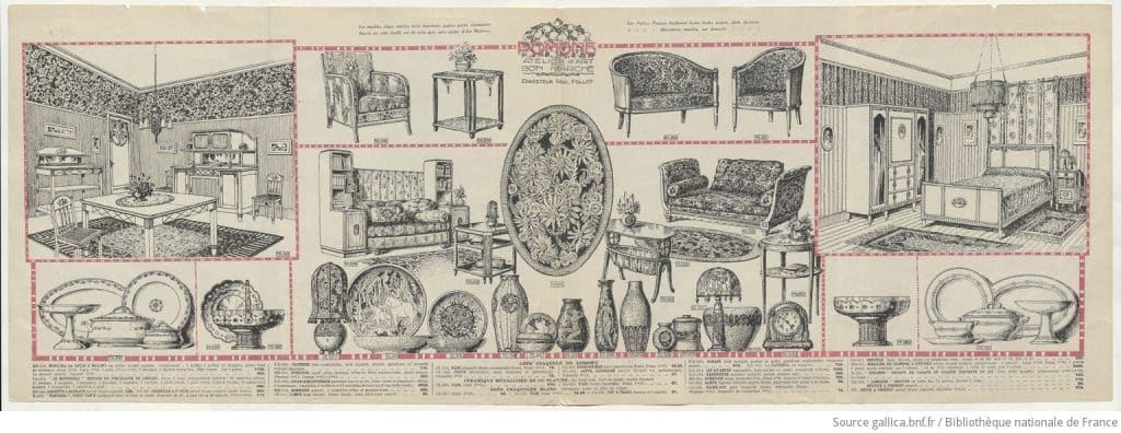 Page of the 1923 catalog for Pomone studio showing various furniture sets (kitchen, bedroom, living-room) with decorative objects.