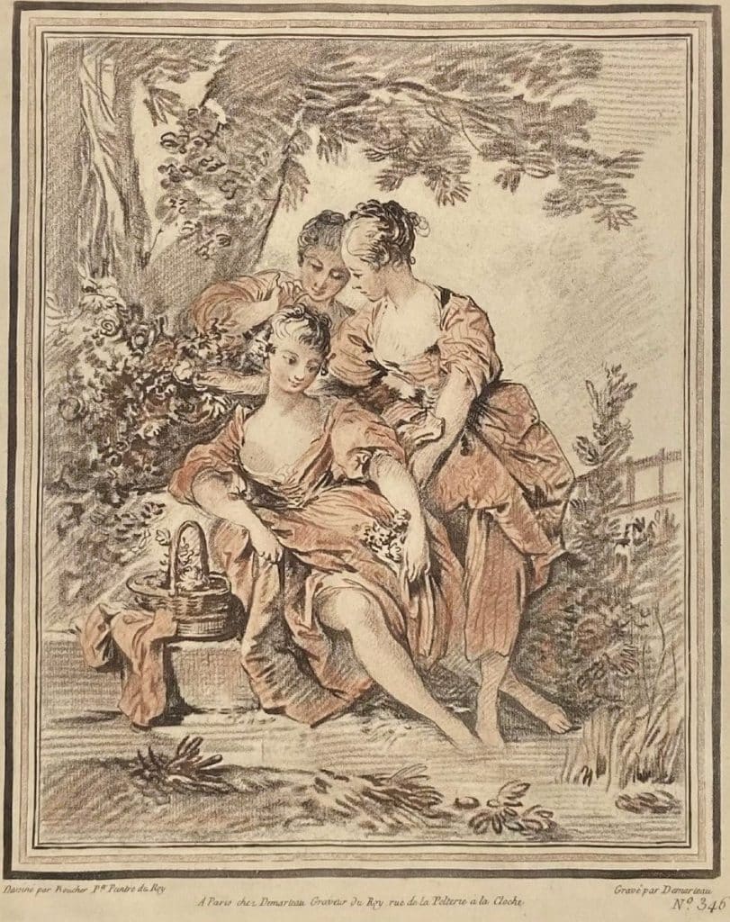 "Three ladies by a stream", a print of François Boucher by Gilles Demarteau (1722-1776), N°346. Printed in the style of red and black chalk.