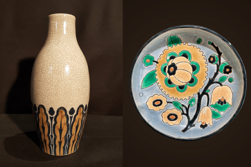 Art deco ceramics with crackle glaze: vase and bowl made by Keramis and Longwy for Atelier Pomone.