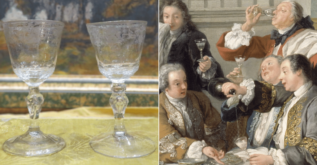 18th-century crystal wine glass, engraved and faceted. Similar to the glasses used in the oyster lunch painting.