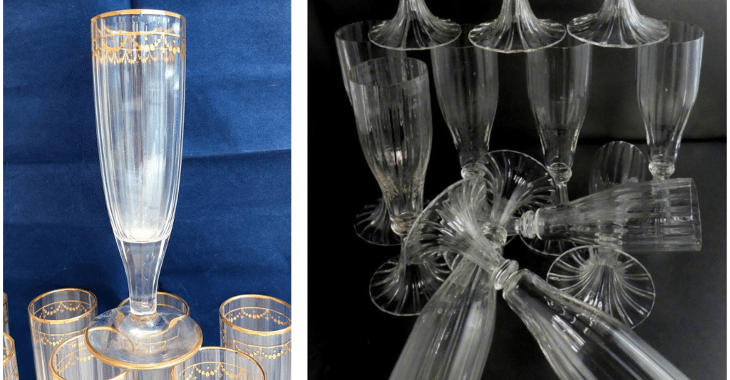 Champagne flutes with bulbous bellies. On the left: 18th-century crystal gilt with festoons. On the right: Art Nouveau blown glass with Venitian stripes and morning glory bases.