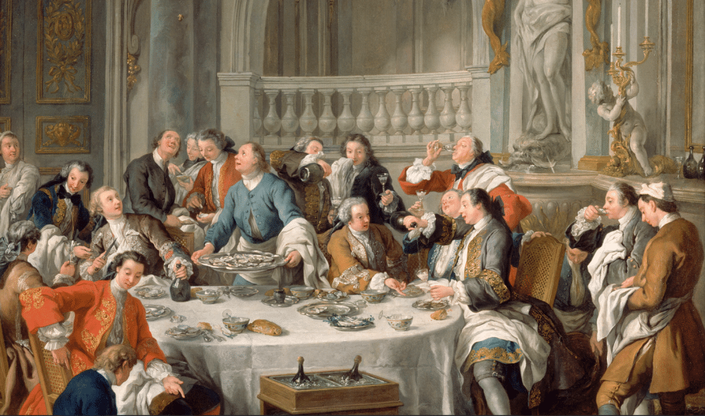 Detail of a 1735 oil painting by Jean-François de Troy. The guests have oysters with champagne. A champagne cork just popped. Glasses are alreay full with champagne from other bottles. The glasses are conic wine glasses left in individual rafraichissoirs when not held in hands.