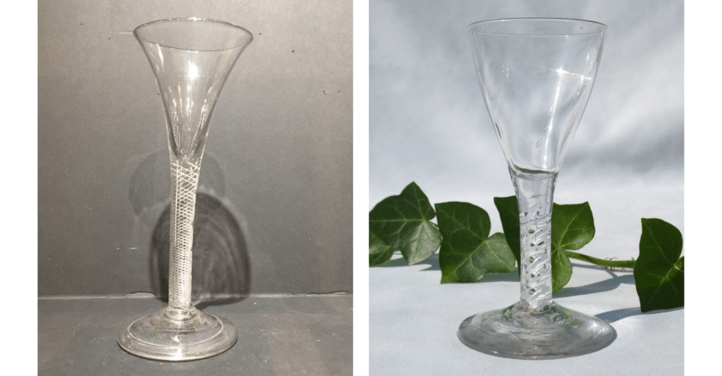 Two classic 18th-century English glasses with air twist stems. An air twist stem on the left. An air twist surrounding an opaque twist on the right.