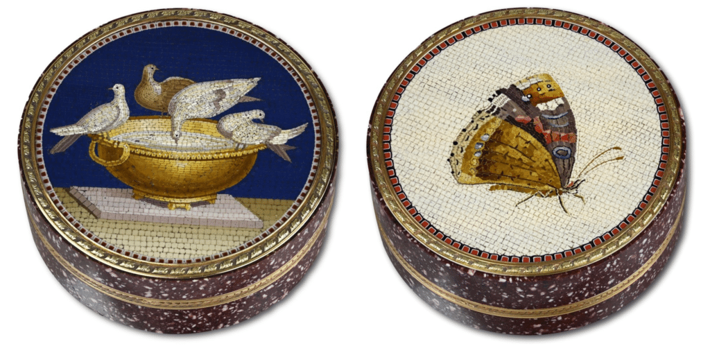 The two sides of a snuffbox are decorated with micromosaics by Giacomo Raffaelli: one is the Doves of Pliny and the other is a butterfly.