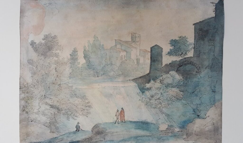 Three men admiring a waterfall in a place resembling Tivoli. They could very well be on their Grand Tour. English ink and watercolor, end of 18th century.