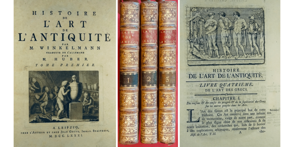 The three volumes in French of "The Art History of Antiquity" by Johann Joachim Winckelmann printed in 1782. With full binding in period speckled calfskin.