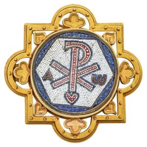 Micro-mosaic Chrismon with alpha and omega mounted on an 18-karat brooch. 19th century. 4.8 cm length and width.