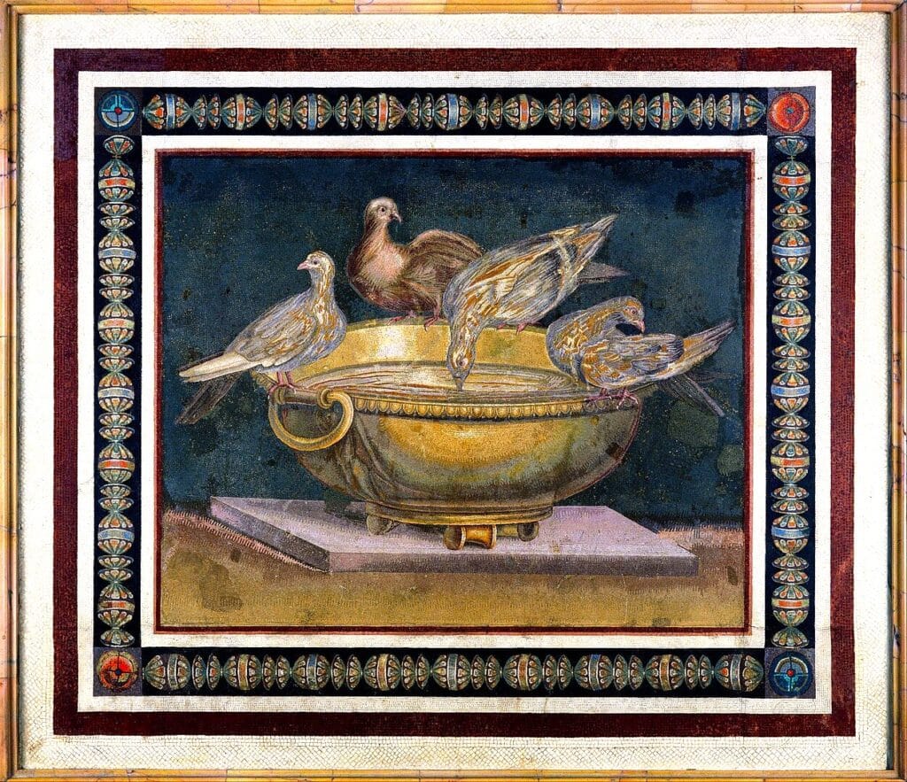 The mosaic found in the Villa of Hadrian refers to Pliny the Elder who wrote about the original of this mosaic (made by Sosus of Pergamon) as the highest excellence attained in this art.