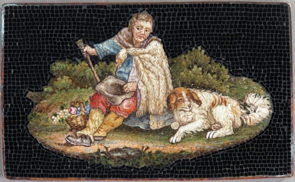 An early 19th-century shepherd and his dog in micromosaic. The trend of using the pastoral and folksy characters of Bartolomeo Pinelli (1781-1835) was started by Gioacchino Barberi (1783-1857).