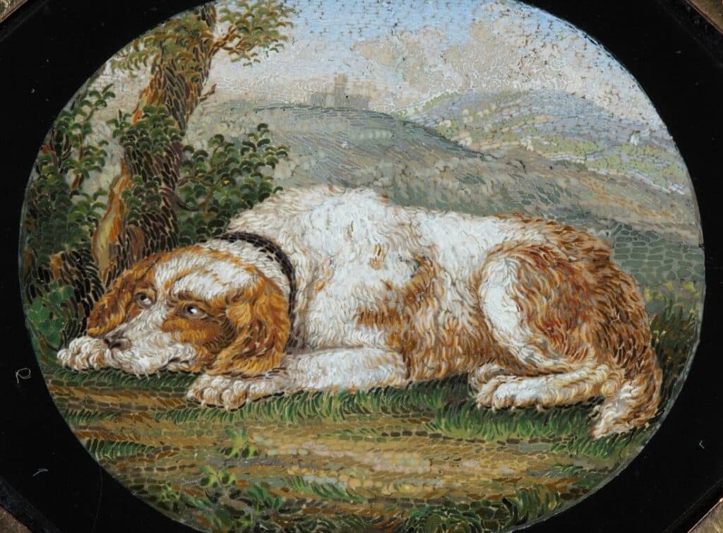 A micromosaic spaniel after Gioacchino Barberi, made circa 1830.