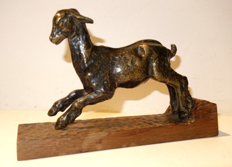 Vintage Mid 20th Century Brass Curved Horn Goat Ibex Sculpture Large