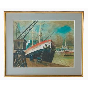 Watercolor Of The Port Of Rouen - Emile Henry Tilmans