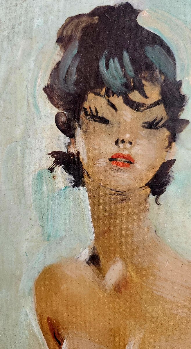 Jean-gabriel Domergue  "Nioka"  (huile Sur Isorel)  Portrait d'Une élégante Nue-photo-3