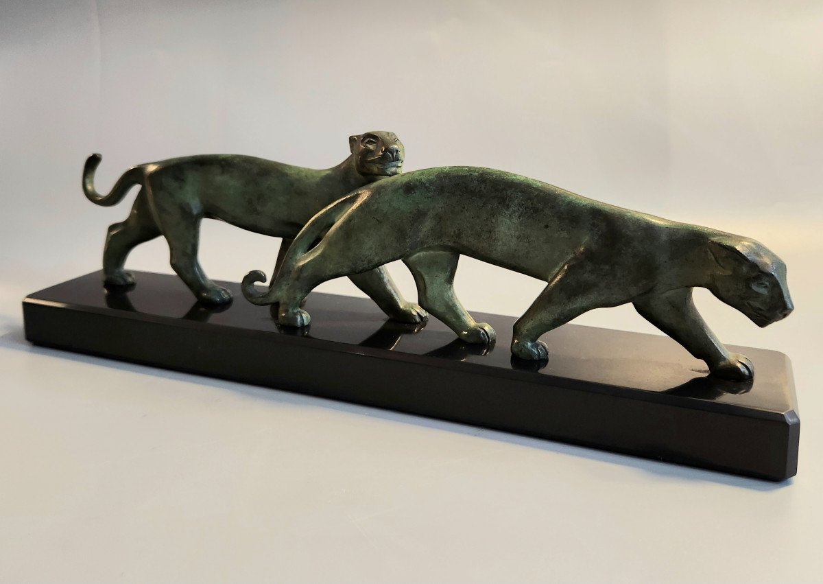 Art Deco Bronze Sculpture Of Two Panthers Lucien Alliot -photo-2