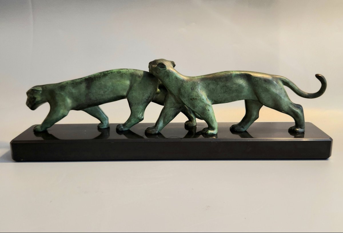 Art Deco Bronze Sculpture Of Two Panthers Lucien Alliot -photo-4