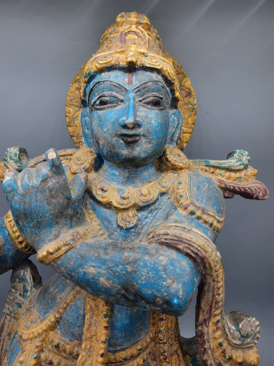 Polychrome Wooden Sculpture – Late 18th Century Representation Of Krishna Playing The Flute-photo-2