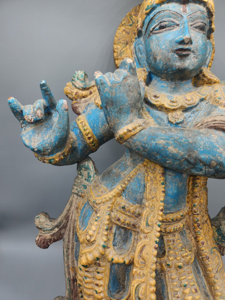 Polychrome Wooden Sculpture – Late 18th Century Representation Of Krishna Playing The Flute-photo-3