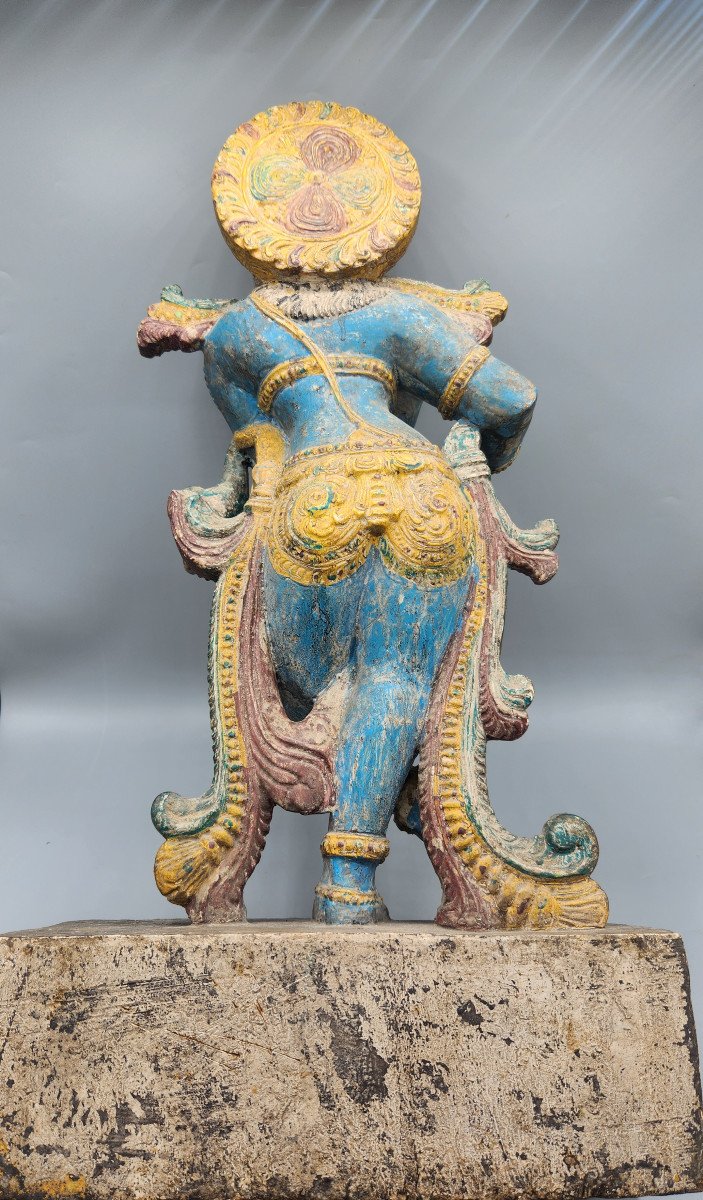 Polychrome Wooden Sculpture – Late 18th Century Representation Of Krishna Playing The Flute-photo-1