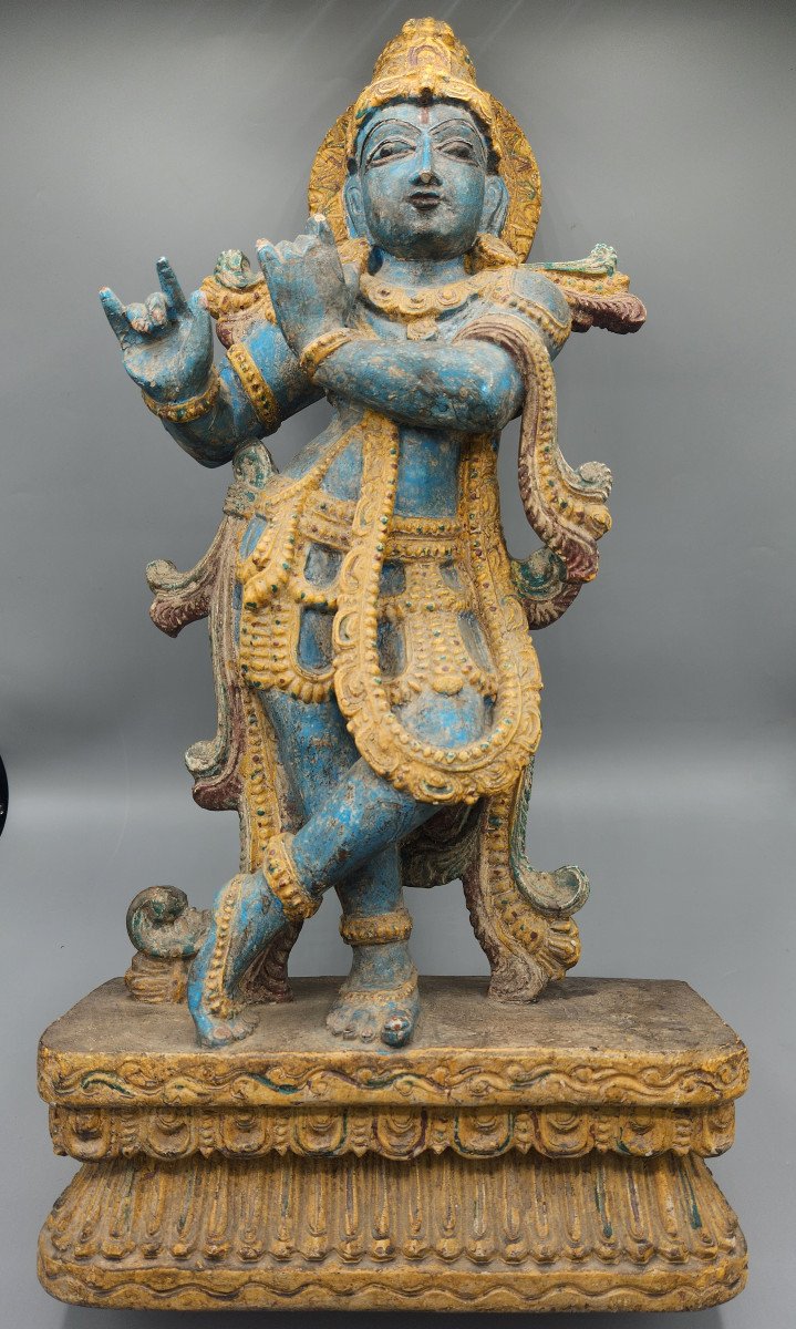 Polychrome Wooden Sculpture – Late 18th Century Representation Of Krishna Playing The Flute