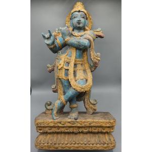 Sculpture En Bois Polychrome – Fin XVIIIe Siècle Représentation De Krishna Jouant De La Flûte