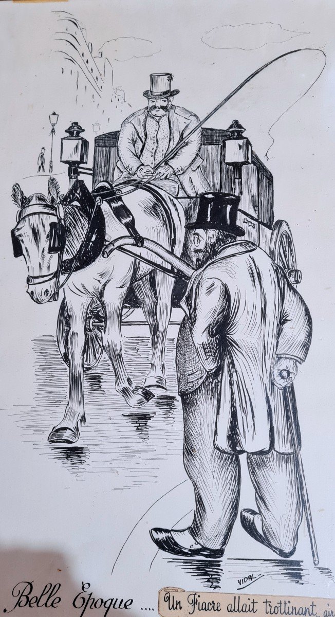 Paris Pierre Vidal Grand Dessin Encre De Chine Belle Epoque Fin XIXe Debut XXe Art Nouveau Caleche-photo-2