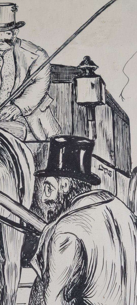 Paris Pierre Vidal Grand Dessin Encre De Chine Belle Epoque Fin XIXe Debut XXe Art Nouveau Caleche-photo-4