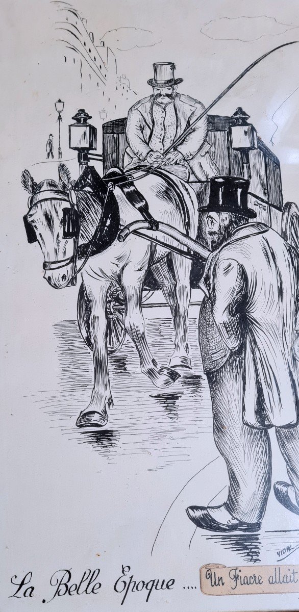 Paris Pierre Vidal Grand Dessin Encre De Chine Belle Epoque Fin XIXe Debut XXe Art Nouveau Caleche-photo-6