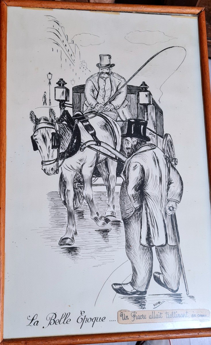 Paris Pierre Vidal Grand Dessin Encre De Chine Belle Epoque Fin XIXe Debut XXe Art Nouveau Caleche-photo-8