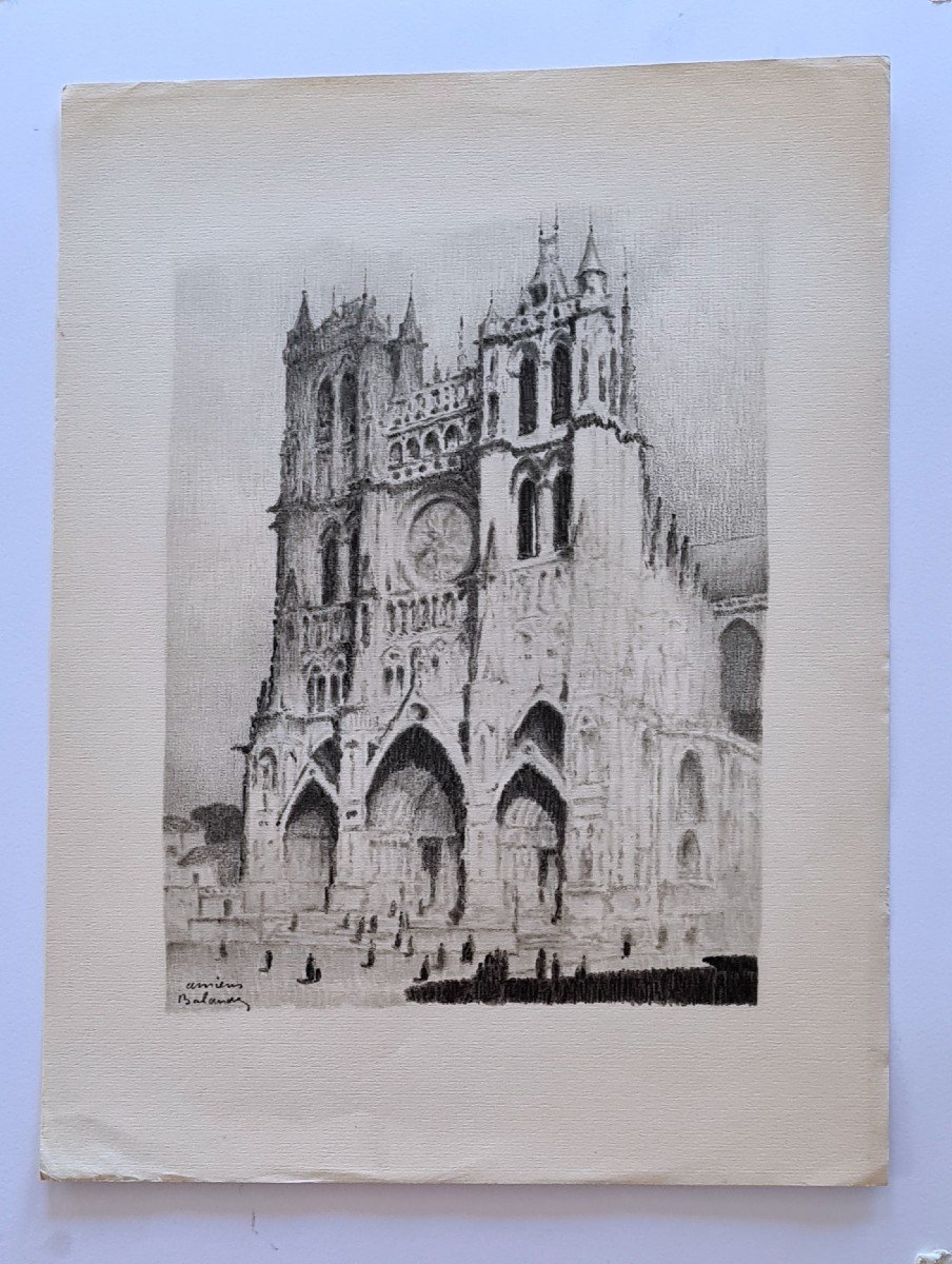 Proantic: Gaston Balande Litho Circa 1935 Amiens Cathedral Art Deco Pe