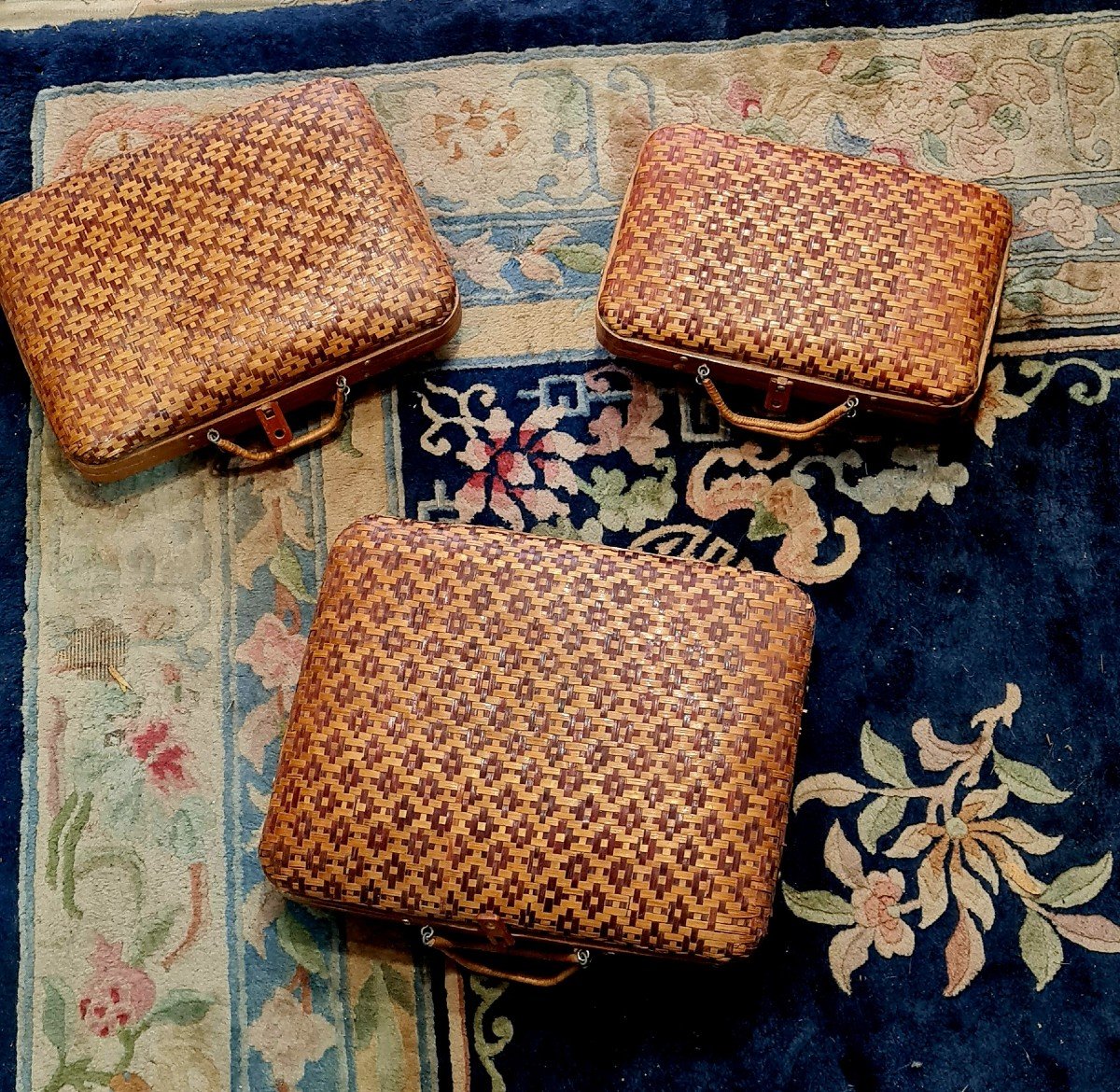 Rare Set De 3 Valises Gigognes En Marqueterie De Paille