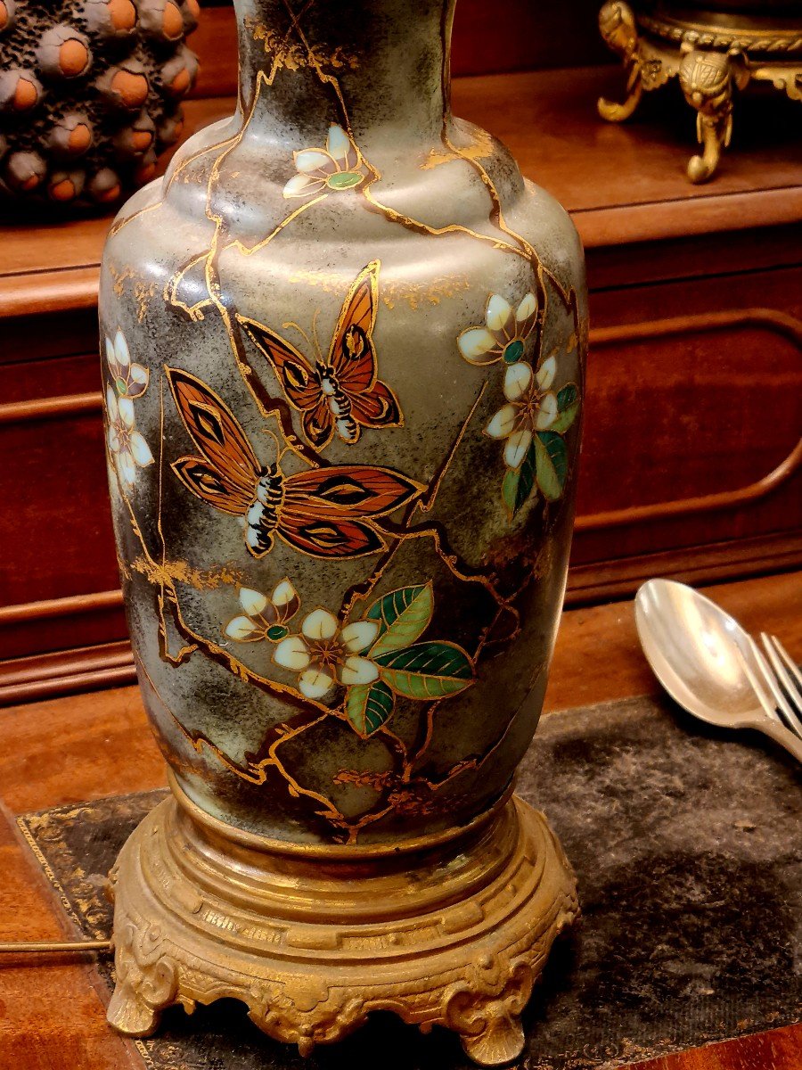 Important Pair Of Porcelain Lamps In Naturalist Enamels And Gilt Bronze 19th Century Butterfly-photo-4