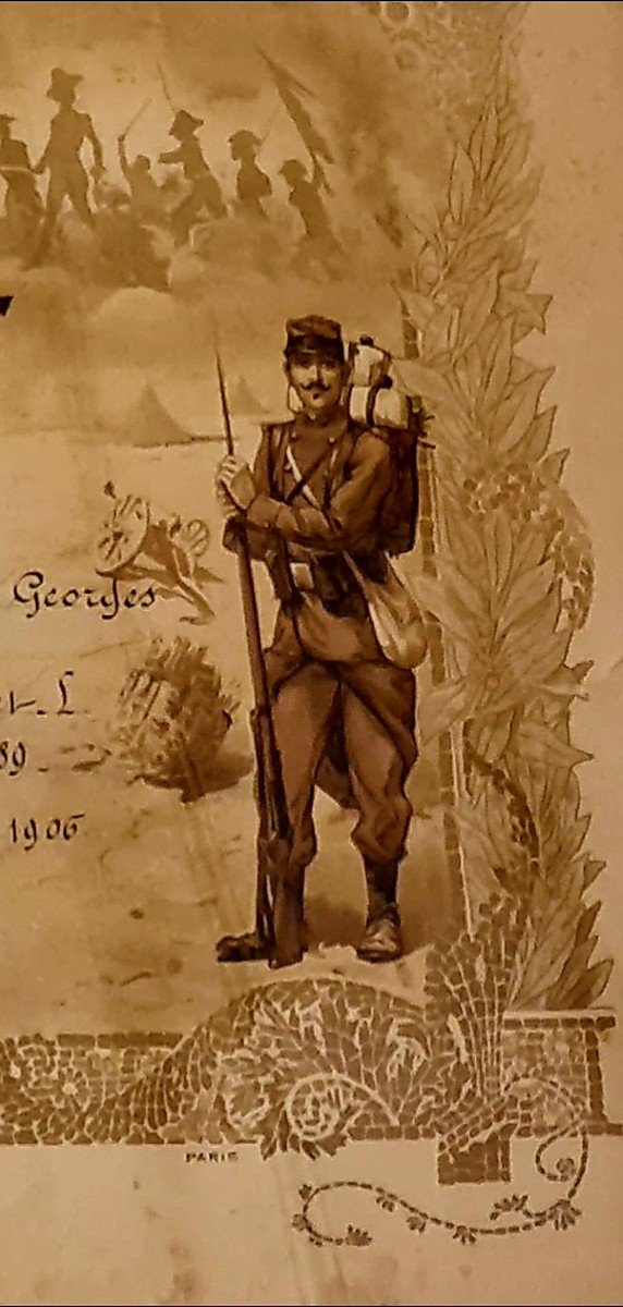 1906 Grande Gravure Lithographie Diplome Militaria-photo-3